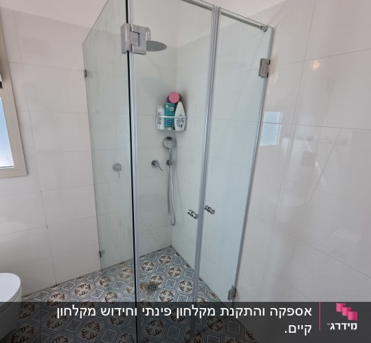 מקלחון זכוכית עם ראש מקלחת ומדף מוצרים